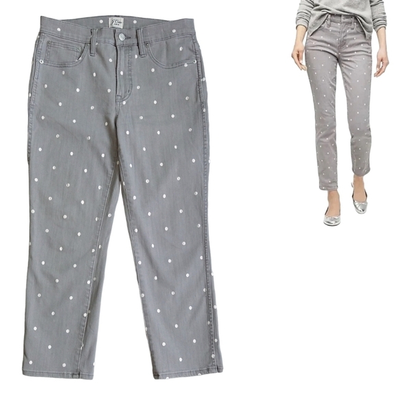 J. Crew Gray White Polka Dot Vintage Straight Ankle Jeans AB288 PETITE - Picture 1 of 11